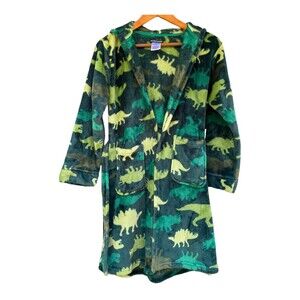Climatesmart Hooded Plush Robe Boy's Size L 12/14 Green Dinosaur Print Sleepwear